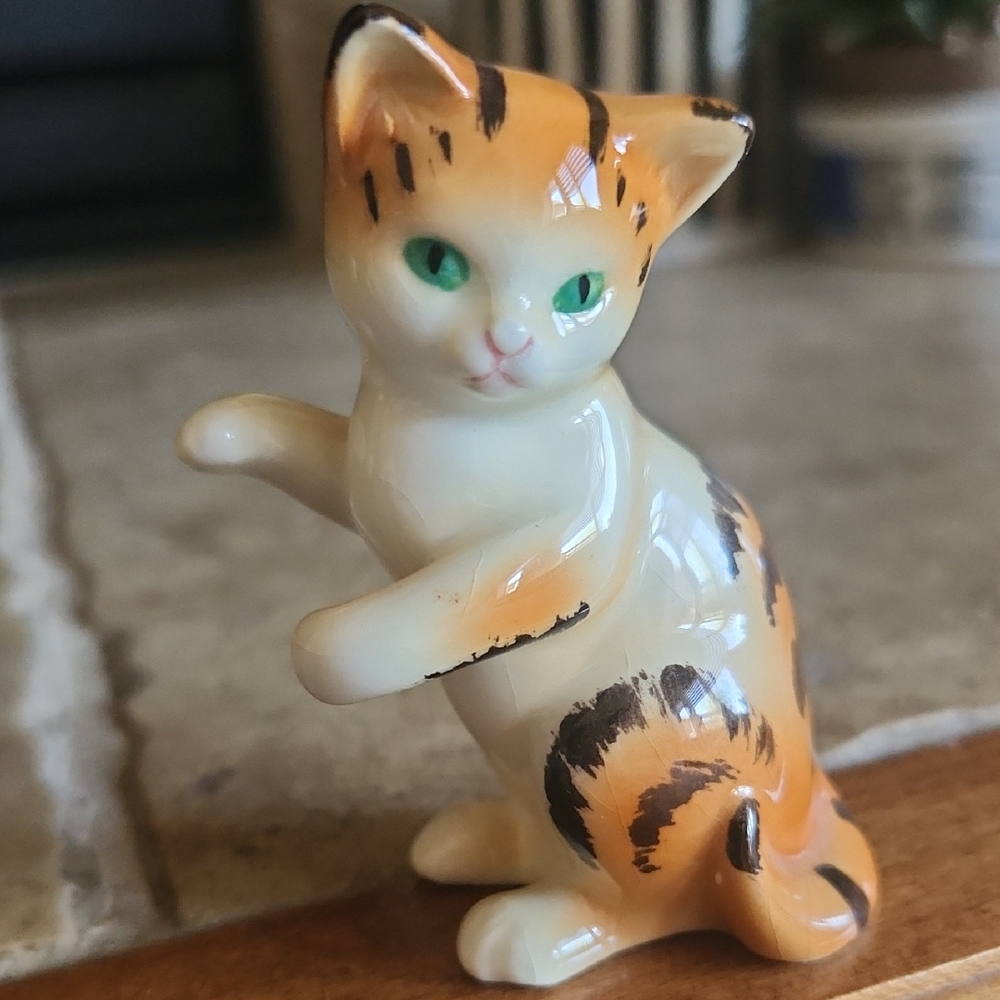 Goebel Orange and Black Ceramic Tabby Cat With Green Eyes Figurine